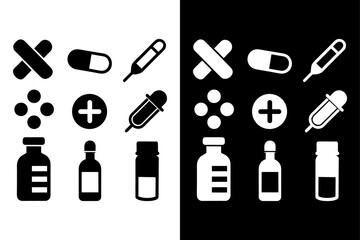 Pill, Capsule, and Medicine Bottle Icons on Black and White Background.