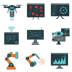 This comprehensive set of modern technology icons vividly illustrates the interconnected concepts of automation, artificial intelligence, robotics, and data analysis.