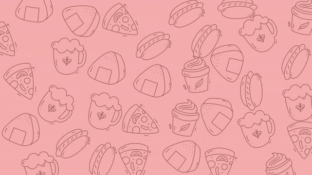 Food doodle pattern with handdrawn illustrations on pink backdrop. Suitable for packaging design, kitchen decor, wallpaper, and stationery.