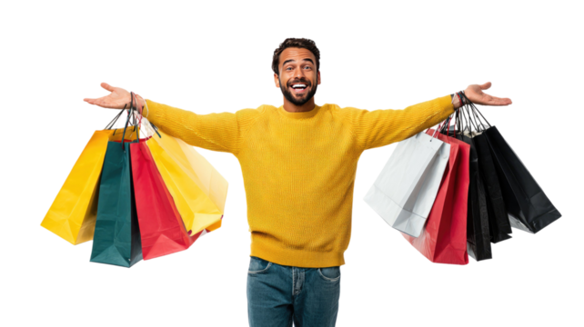 young man holding shopping bags on white background