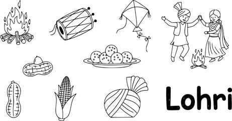 Obraz premium Lohri Festival Elements Doodles Set: Bonfire, Dancing Couple, Peanuts, Kite, Dhol Drum, Corn, Sweets, and Turban - Traditional Indian Celebration Vector