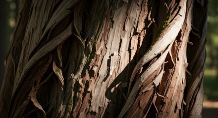 Close-up of weathered tree bark with intricate peeling layers and green moss, illuminated by natural
