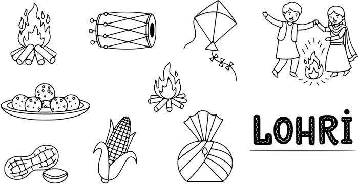 Lohri Festival Outline Doodle Set: Traditional Punjabi Celebration Icons with Bonfire, Drum, Kite, Sweets, Peanuts, Corn, Turban, and Dancing People.