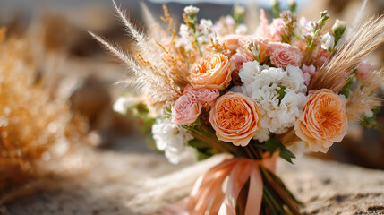 Elegant wedding bouquet featuring peach roses, white hydrangeas, pampas grass, soft floral arrangement tied with peach ribbon, perfect for summer ceremonies, outdoor events, romant