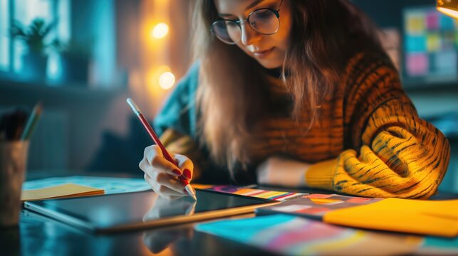 A young Caucasian woman with long brown hair and glasses creates digital art on a tablet. The workspace is filled with colorful papers and warm lighting.
