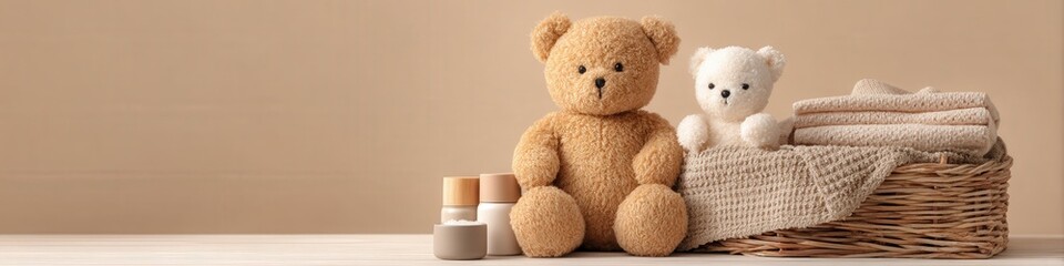 Obraz premium Two teddy bears and a basket of towels in a minimalist nursery or bathroom setting