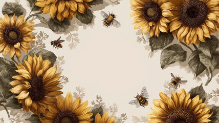 Sunflower flat lay background with butterflies and bees on beige paper for autumn design. Perfect for seasonal greetings, invitation cards or social media posts.