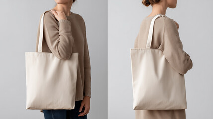 A minimal mockup of a beige canvas tote bag shown in two perspectives. Perfect for branding and logo placement or eco-friendly product design.