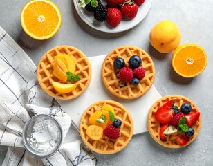 Tasty, colorful breakfast waffles topped with fresh fruit