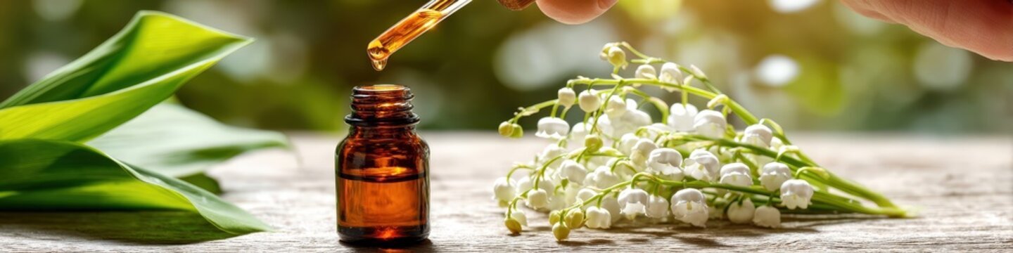 Lily of the valley essential oil: drop from pipette over amber bottle, SPA and aromatherapy