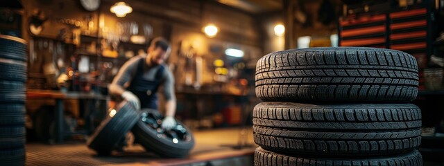 Tire stack in the foreground: auto mechanic working in the dynamic light of a car repair shop