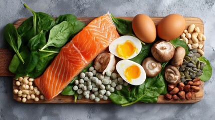 Selenium-rich foods: salmon, eggs, mushrooms, spinach, and seeds on a wooden board