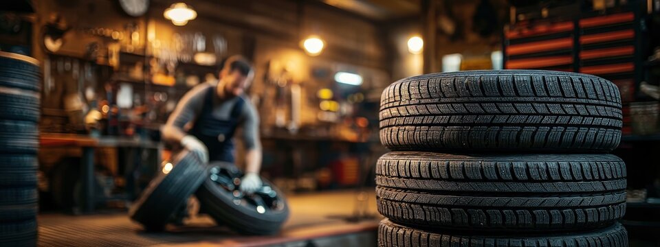 Tire stack in the foreground: auto mechanic working in the dynamic light of a car repair shop - Powered by Adobe