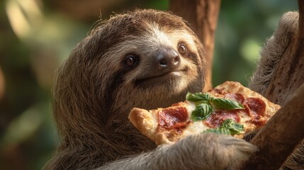 Obraz premium Humorous portrait: a smiling sloth holding a slice of pepperoni pizza