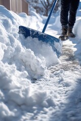 Low-angle shot: blue snow shovel clearing a sidewalk after heavy snowfall
