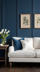 Cozy living room with white sofa, navy wall paneling and botanical framed artwork