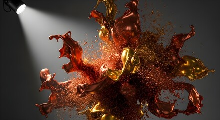 Dynamic metallic liquid splash illuminated by spotlight creating an abstract golden and copper swirl