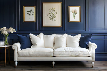 Elegant living room with white sofa and botanical framed artwork on navy paneled wall