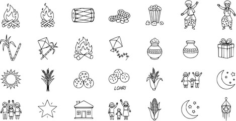Lohri Festival Vector Line Icons Set. Traditional Indian Harvest Celebration Symbols featuring bonfire, dhol, peanuts, sugarcane, kites, and dancing people.