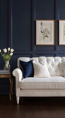 Elegant living room with white tufted sofa and navy blue paneled wall
