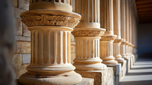 Classical stone columns of ancient building facade, tall pillars with carved capitals stand against a sandstone wall, sunlight casts shadows across the architectural structure, und