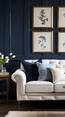 Elegant living room with white tufted sofa and blue botanical wall art