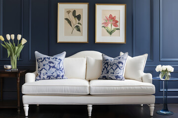 Elegant white sofa with blue pillows in a stylish living room interior