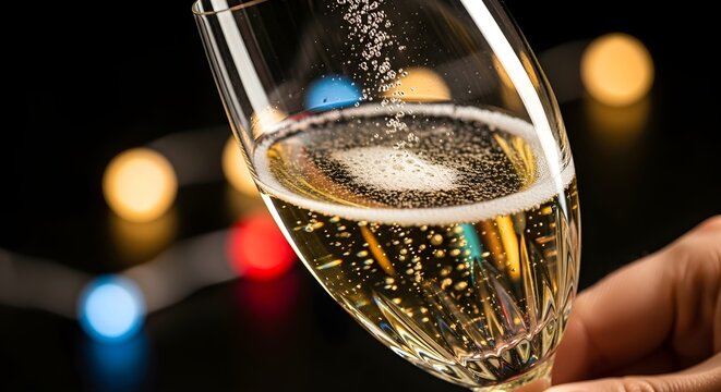 Elegant close-up of sparkling champagne in a crystal glass with festive bokeh lights in