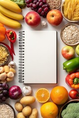 Vibrant Top-Down Flat Lay: Fresh Fruits, Vegetables, Pasta, and Recipe Notebook on White Background