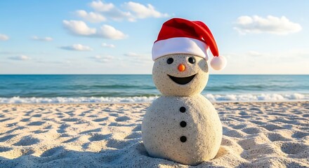 Happy sand snowman wearing santa hat on sunny beach