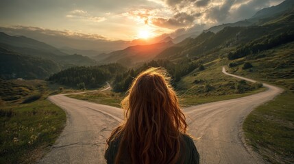 Woman at a Crossroad: Choosing a Path in the Mountains at Sunset