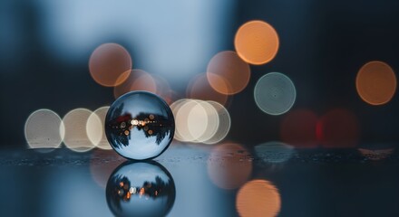 Glass Sphere Reflecting Vibrant Bokeh Lights and Urban Scene on a Dark, Wet Surface