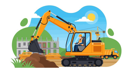Construction worker operates an excavator at a building site showing industry and development