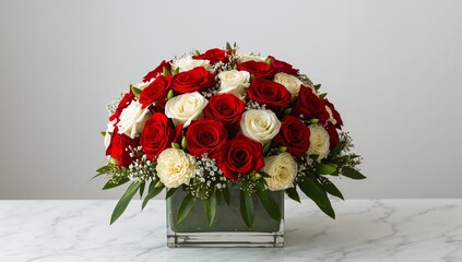 Floral Arrangement with Red and White Roses in Square Glass Vase, Still Life.