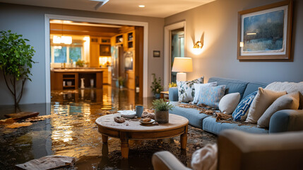 Interior of flooded home showing damage to walls, ceiling, furniture from standing water, debris litters floor, with soaked couches, coffee table affected by moisture, scene disast