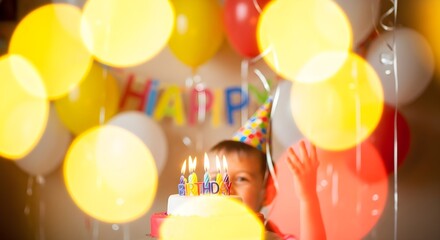 Joyful Child Celebrates Birthday with Cake, Burning Candles, and Festive Balloons