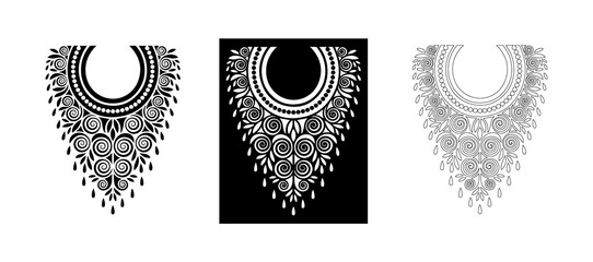Stylized Floral Embroidery Neck Pattern, Elegant U Shape Design for Dress, Black and White Digital Embroidery Template