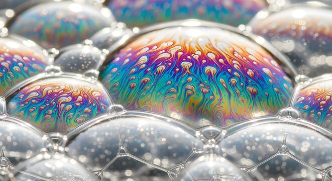 Macro Photography of Colorful Soap Bubbles with Intricate Iridescent Fluid Patterns and Rainbow Hues