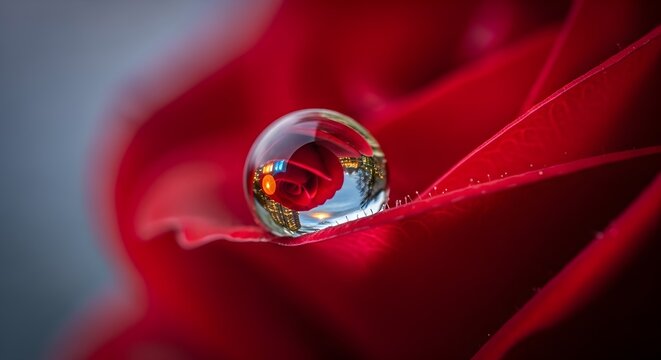 Macro shot of a shimmering water droplet on a vibrant red rose petal, reflecting an urban skyline