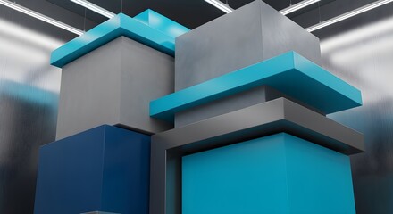 Modern Abstract Architectural Sculpture: Interlocking Teal, Navy, and Grey Geometric Blocks in