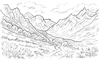 Hand Drawn Mountain Landscape Sketch – Natural Valley Scenery in Pencil Line Art Style