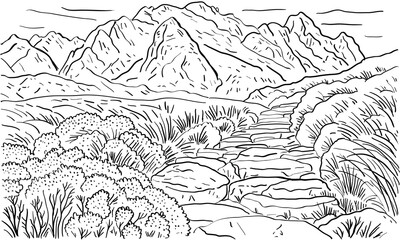 Hand Drawn Mountain Path Landscape &ndash; Nature Line Art with Bushes and Rocks Illustration