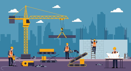 Urban construction site with workers crane and machinery illustrating city development and progress