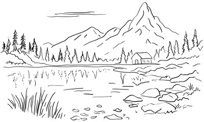 Hand Drawn Mountain Landscape with Lake and Cabin | Black and White Line Art Nature Scene