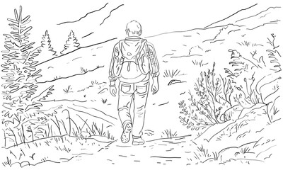 Hand Drawn Hiker Walking in Mountain Trail | Line Art Outdoor Adventure Illustration