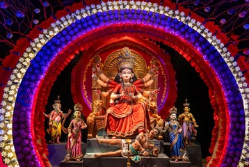 Idol of Goddess Devi Durga at a decorated puja pandal in Durga Puja is a famous and major religious festival of Hinduism that is celebrated throughout the world.