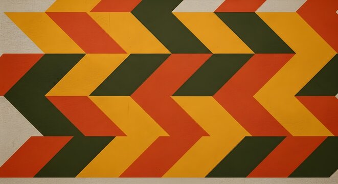 Retro-inspired geometric pattern featuring dynamic interlocking chevrons in shades of orange, golden