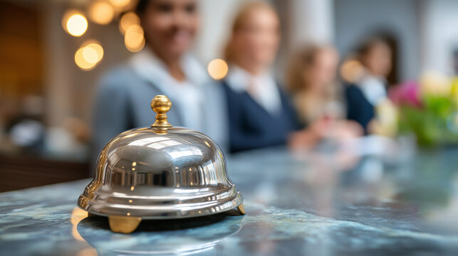 Elegant hotel reception counter features service bell, pro hotel staff members stand behind desk, marble table reflects stylish interior design, hospitality concept showcasing gues
