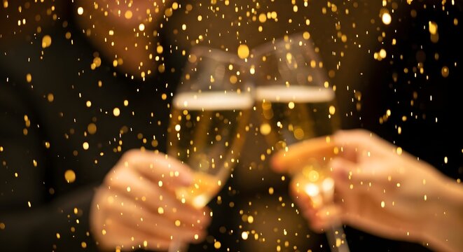 Romantic couple toasting with champagne glasses during a festive celebration with golden sparkling