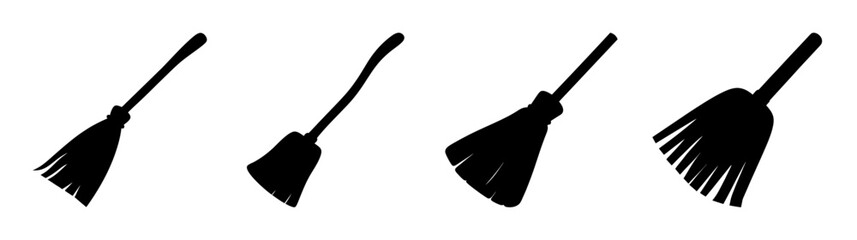 Fourblacksilhouettesofbroomsindifferentposesandanglesisolatedon
